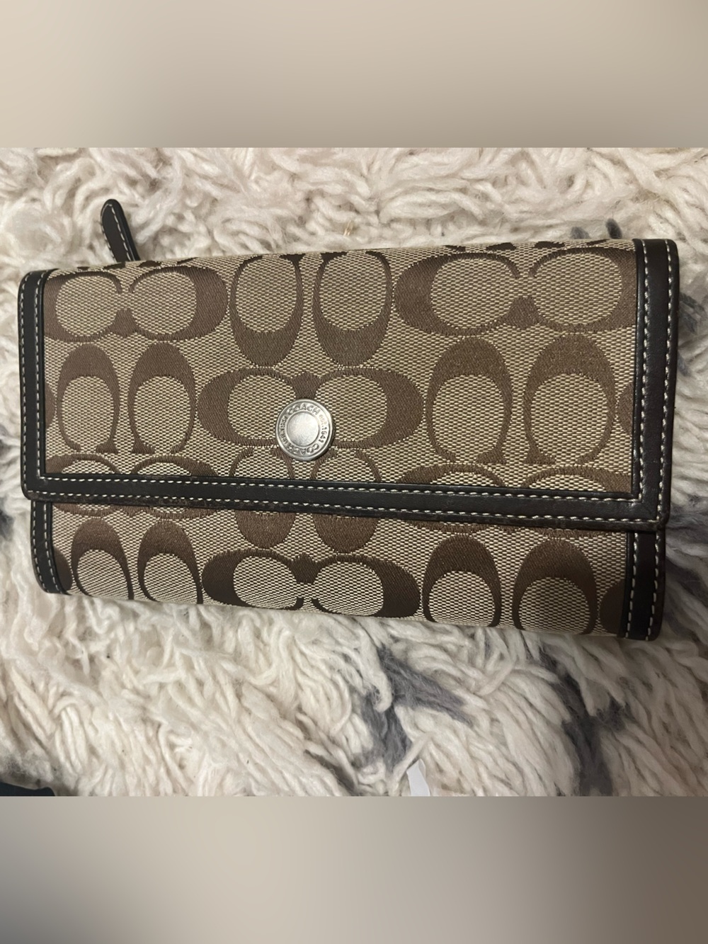 Coach Brown Signature Canvas Trifold Wallet with Dark Trim